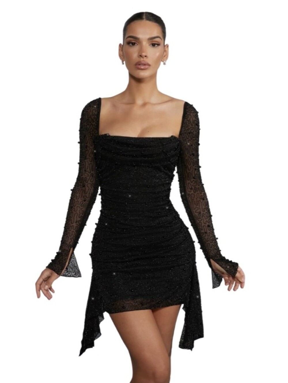 Oh Polly Tivoli Black Long Sleeve Embellished Cowl Neck Mini Dress Women's 4
